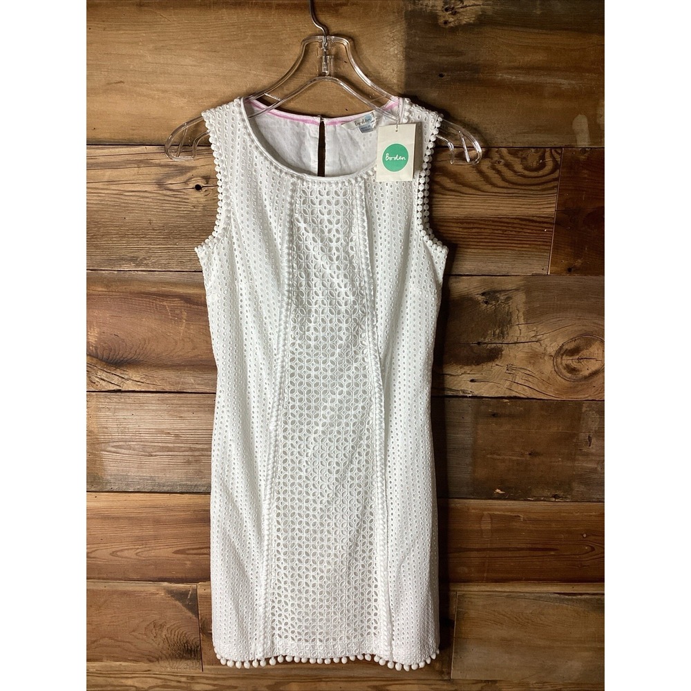 Boden Women 2R White Eyelet Pompom Dress Sleeveless Sheath  Cotton Lined NEW